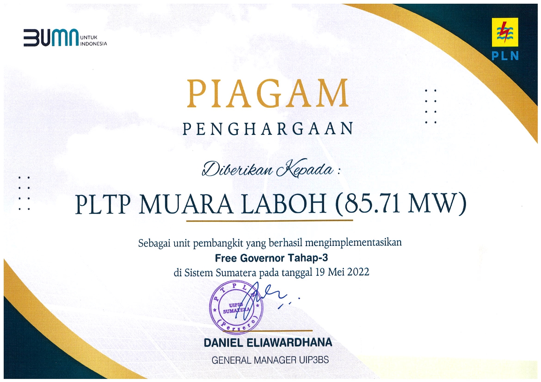 PLN AWARD - FREE GOVERNOR (85.71 MW) - SUPREME ENERGY MUARA LABOH - 2022