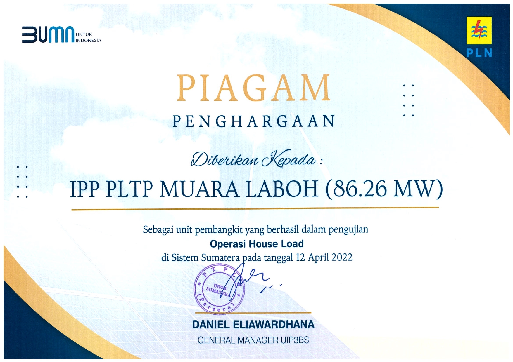 PLN AWARD - IPP PLTP - OPERASI HOUSE LOAD (86.26 MW) - SUPREME ENERGY MUARA LABOH - 2022