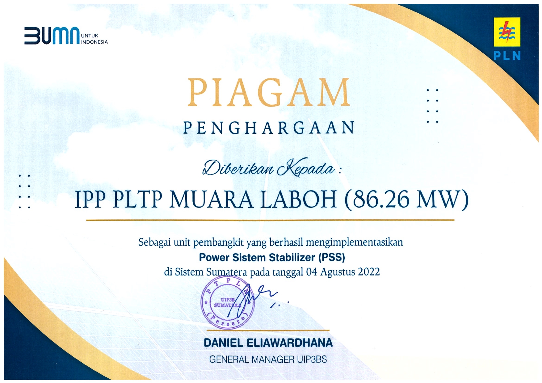 PLN AWARD - IPP PLTP - POWER SYSTEM STABILIZER (86.26 MW) - SUPREME ENERGY MUARA LABOH - 2022