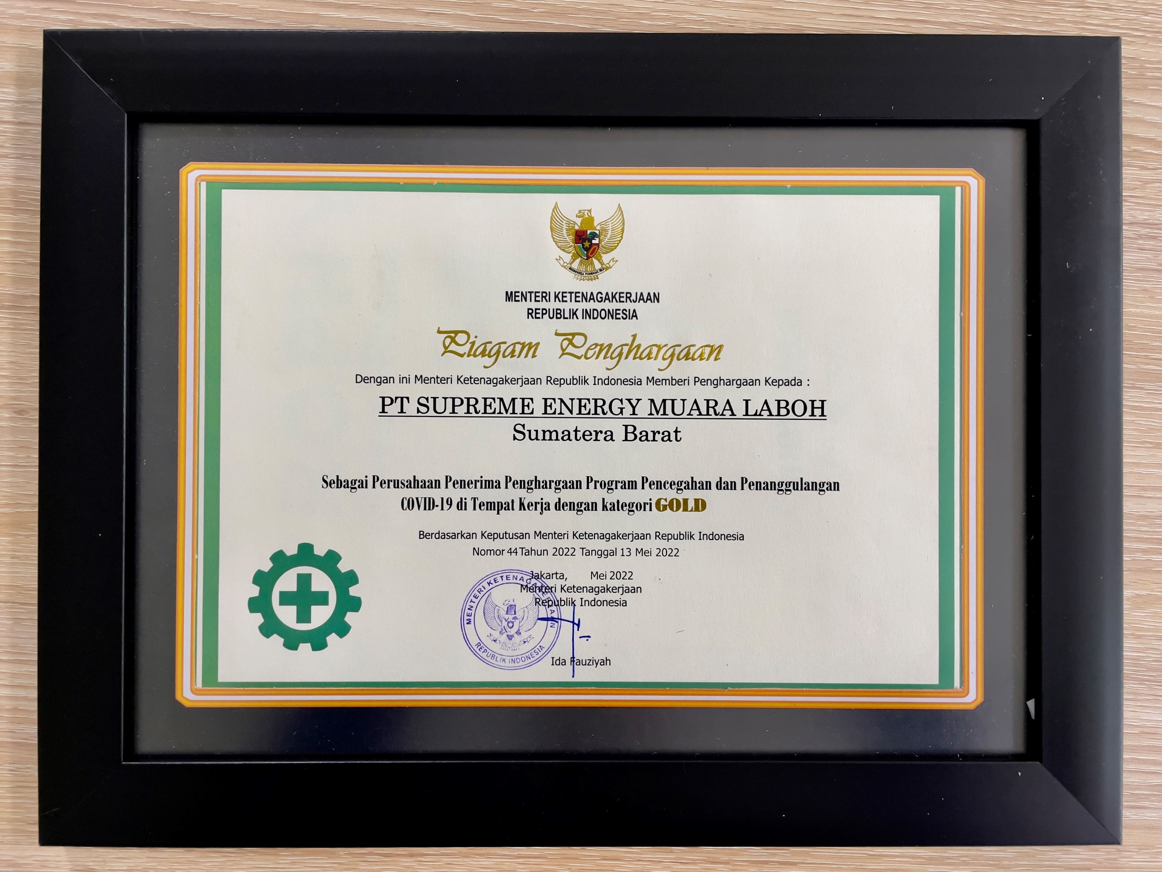 DEPNAKER AWARD - GOLD PENCEGAHAN & PENANGGULANGAN HIV/AIDS - SUPREME ENERGY MUARA LABOH - 2022