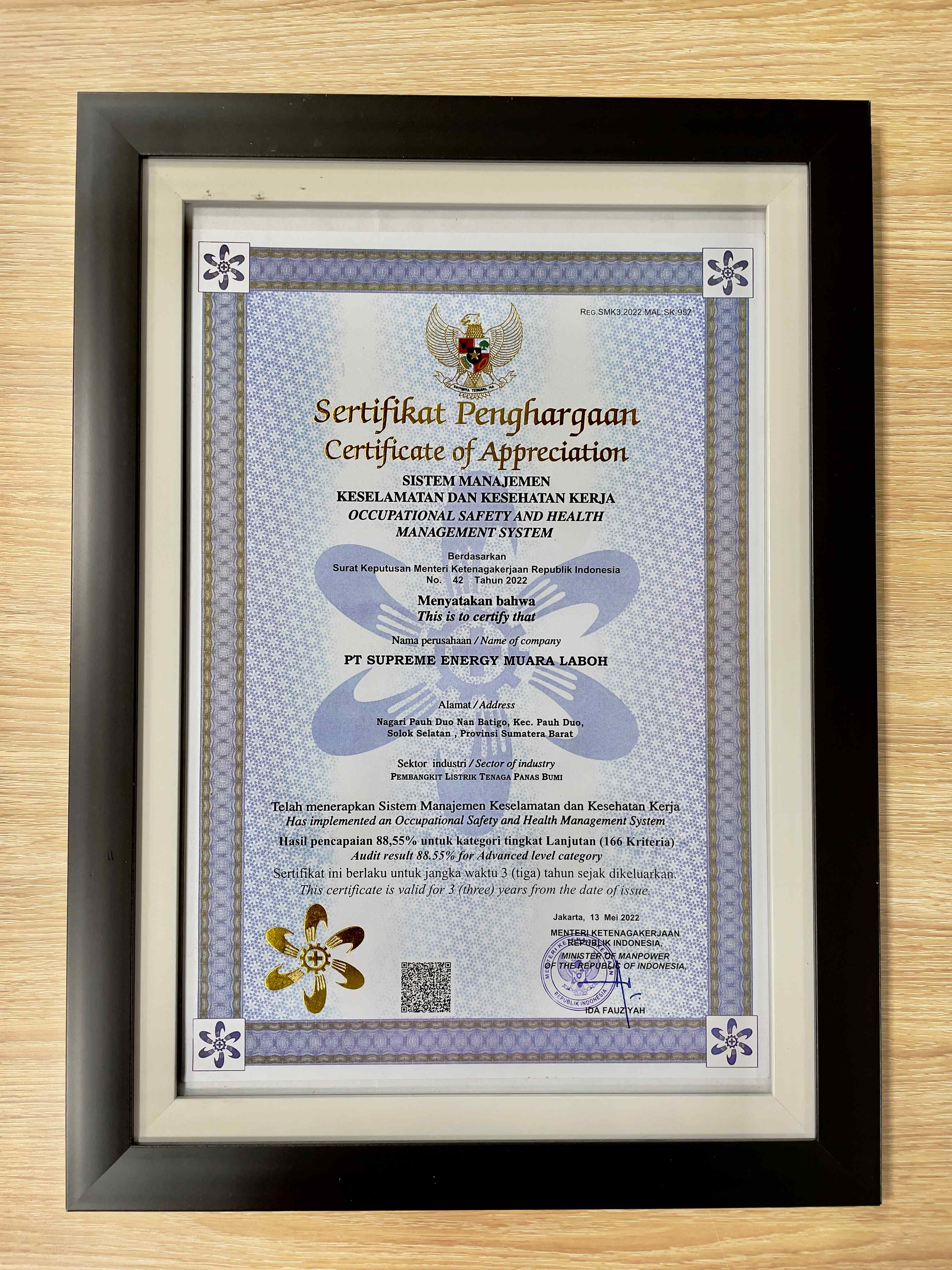 DEPNAKER AWARD - K3 KATEGORI TINGKAT LANJUTAN - SUPREME ENERGY MUARA LABOH - 2022