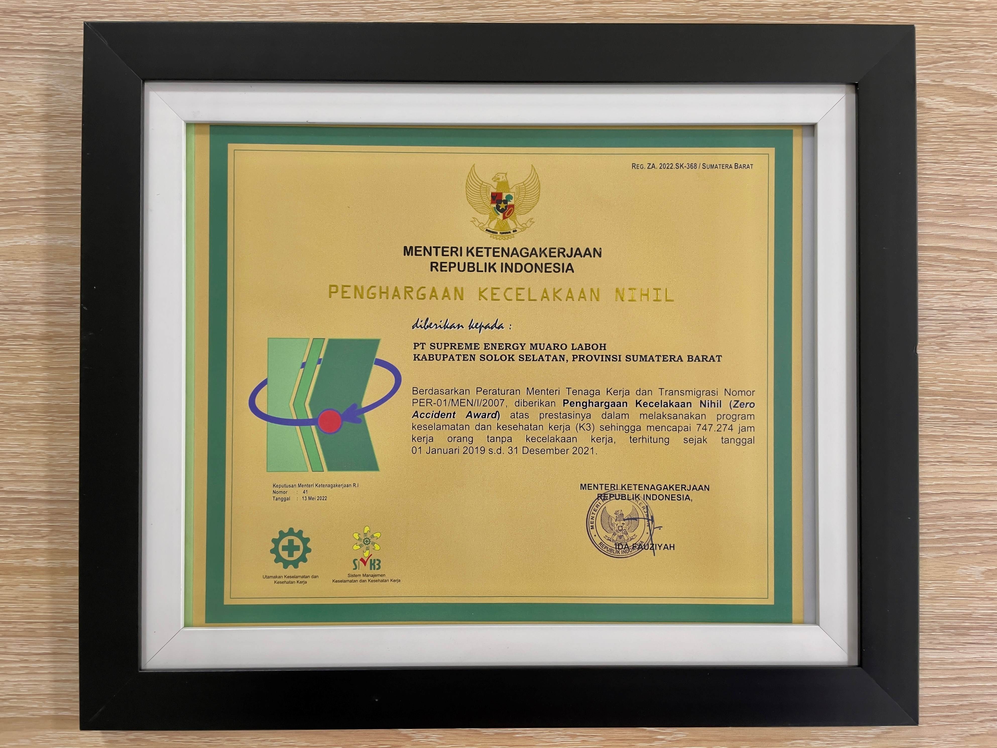 DEPNAKER AWARD - KECELAKAAN NIHIL -  SUPREME ENERGY MUARA LABOH - 2021