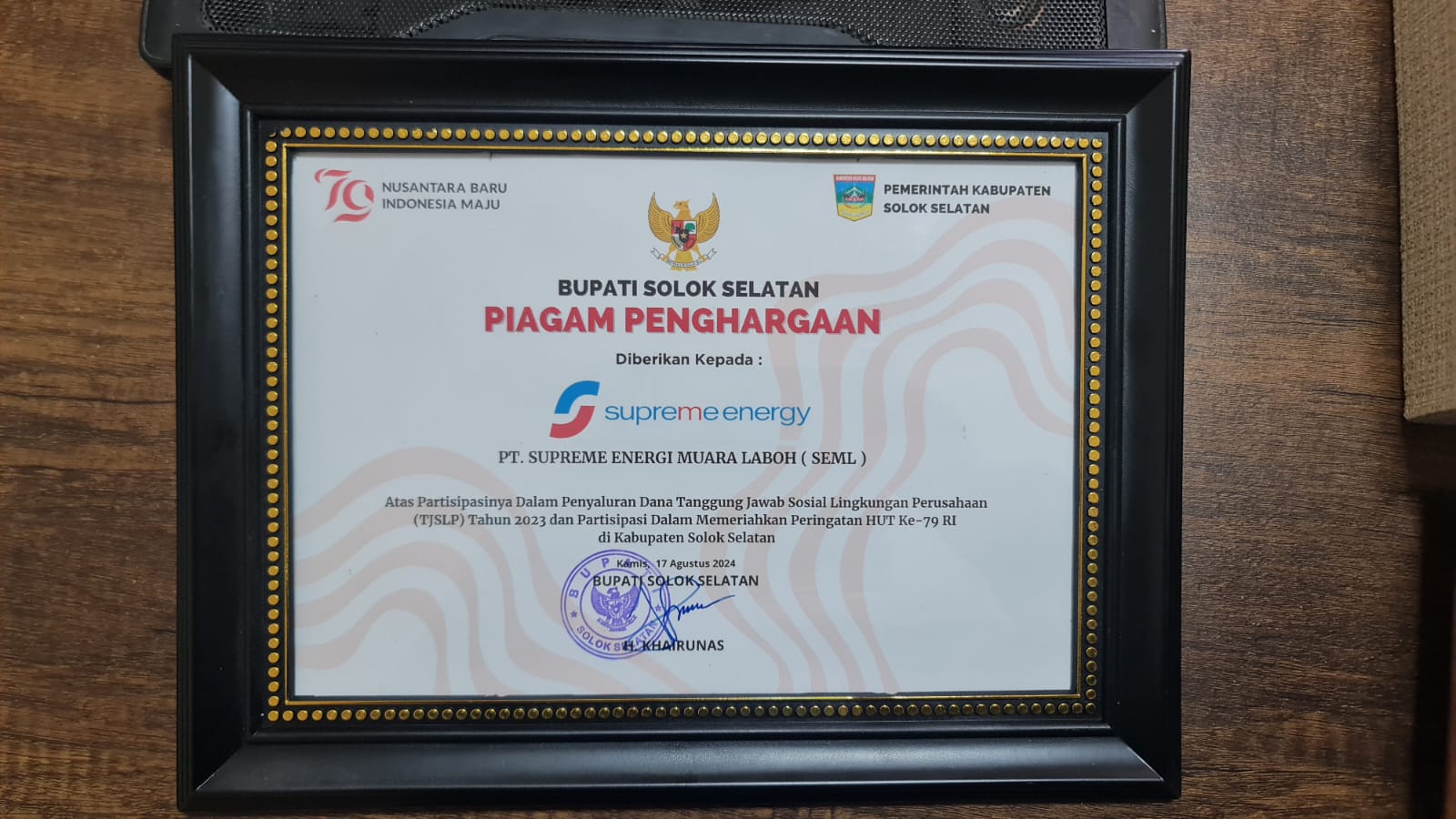 PENGHARGAAN BUPATI SOLOK SELATAN - PENYALURAN DANA TANGGUNG JAWAB SOSIAL LINGKUNGAN PERUSAHAAN - 2024