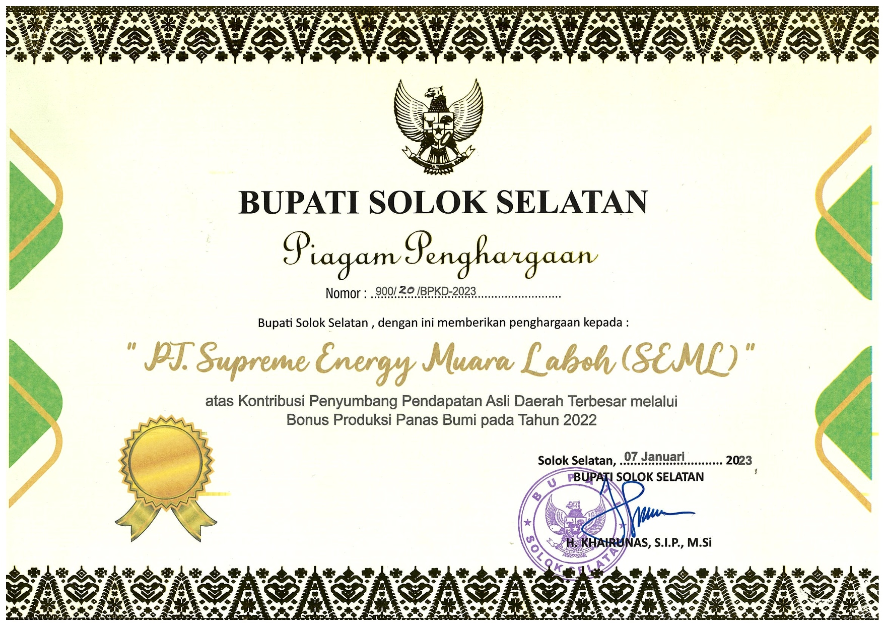 PENGHARGAAN BUPATI SOLOK SELATAN - PPAD TERBESAR - SUPREME ENERGY MUARA LABOH - 2022
