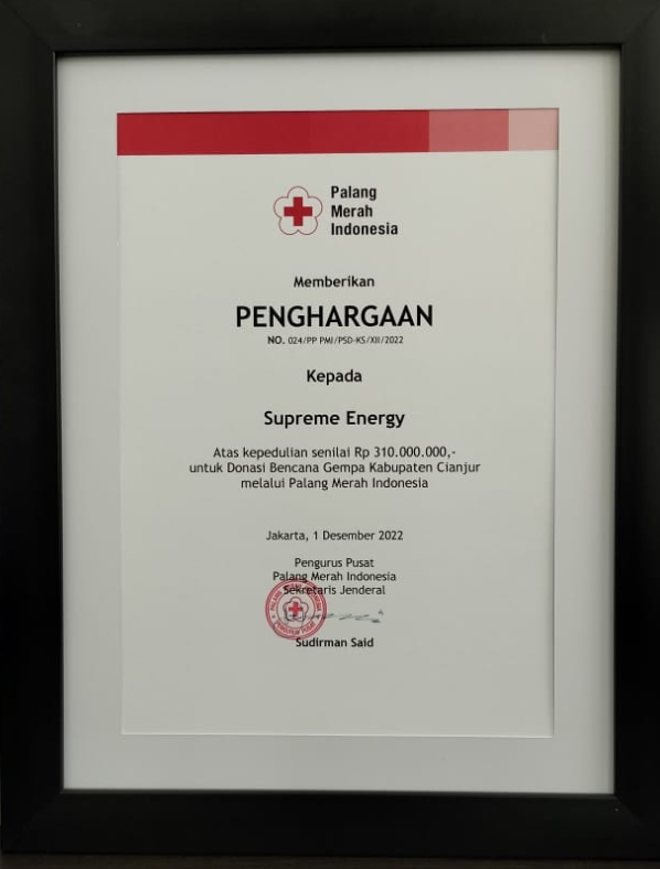 PENGHARGAAN PALANG MERAH INDONESIA - PMI - DONASI BENCANA GEMPA CIANJUR - SUPREME ENERGY - 2022