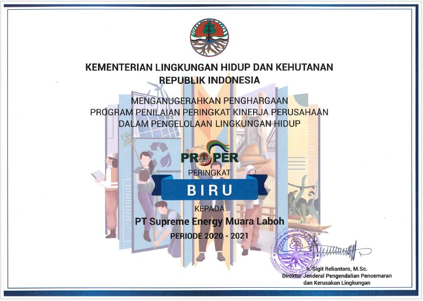 ANUGERAH LINGKUNGAN - KLHK - PROPER PERINGKAT BIRU - SUPREME ENERGY MUARA LABOH - 2023