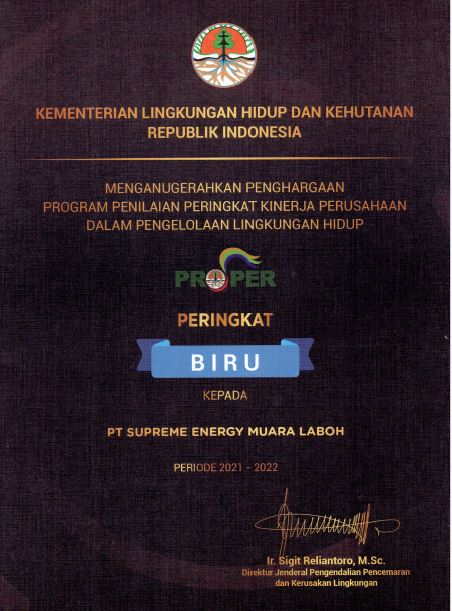 ANUGERAH LINGKUNGAN - KLHK - PROPER PERINGKAT BIRU - SUPREME ENERGY MUARA LABOH - 2023
