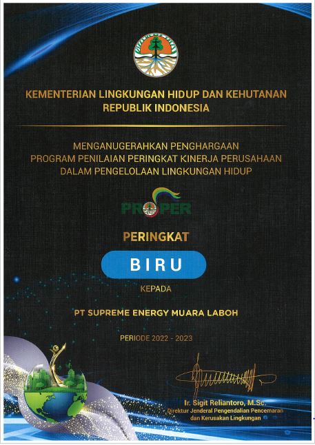 ANUGERAH LINGKUNGAN - KLHK - PROPER PERINGKAT BIRU - SUPREME ENERGY MUARA LABOH - 2023