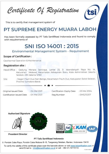 CERTIFICATE ISO 14001:2015 - ENVIRONMENTAL MANAGEMENT SYSTEM - REQUIREMENT - SUPREME ENERGY MUARA LABOH - 2021