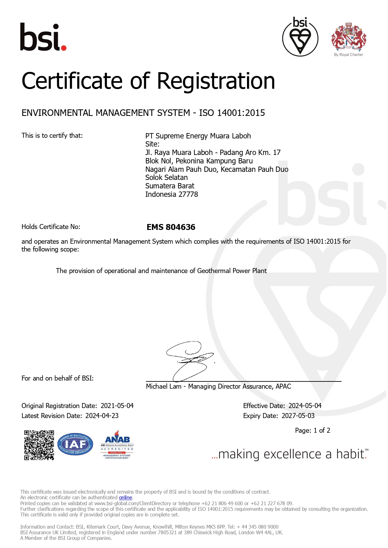 CERTIFICATE ISO 14001:2015 - THE PROVISION OF OPERATIONAL & MAINTENANCE OF GEOTHERMAL POWER PLANT - SUPREME ENERGY MUARA LABOH - 2024