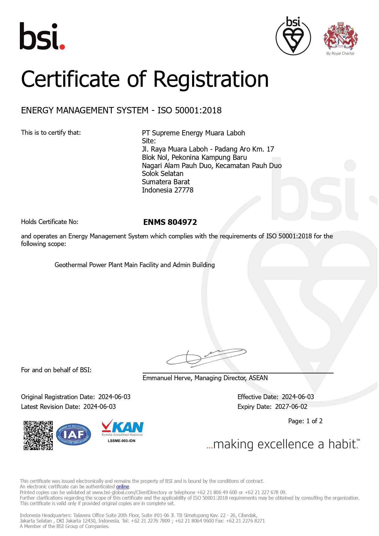 CERTIFICATE ISO 50001:2018 - GEOTHERNAL POWER PLANT MAIN FACILITY & ADMIN BUILDING - SUPREME ENERGY MUARA LABOH - 2024