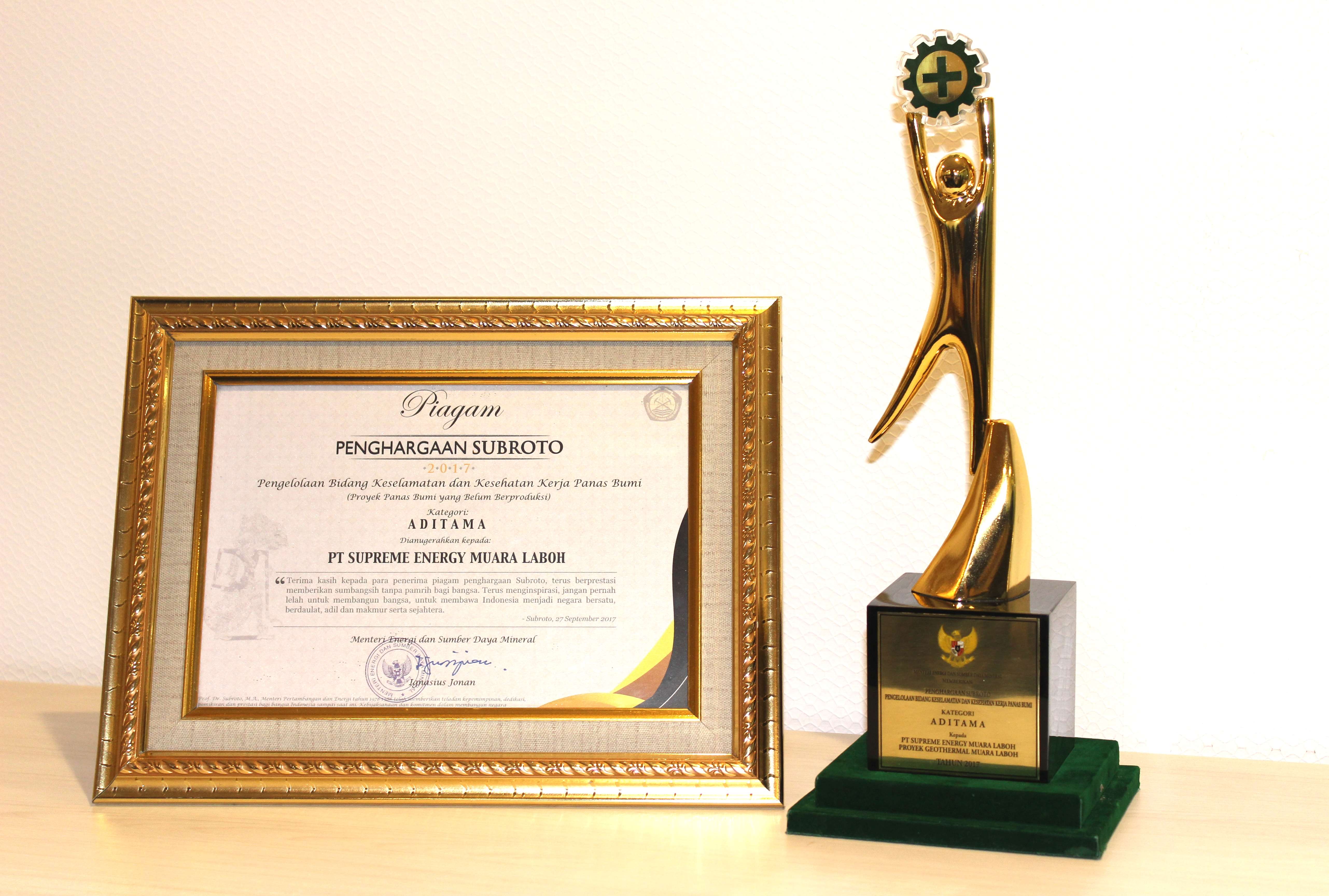 SUBROTO AWARD - PERINGKAT ADITAMA K3 WKP BERLUM BERPRODUKSI - SUPREME ENERGY MUARA LABOH - 2017