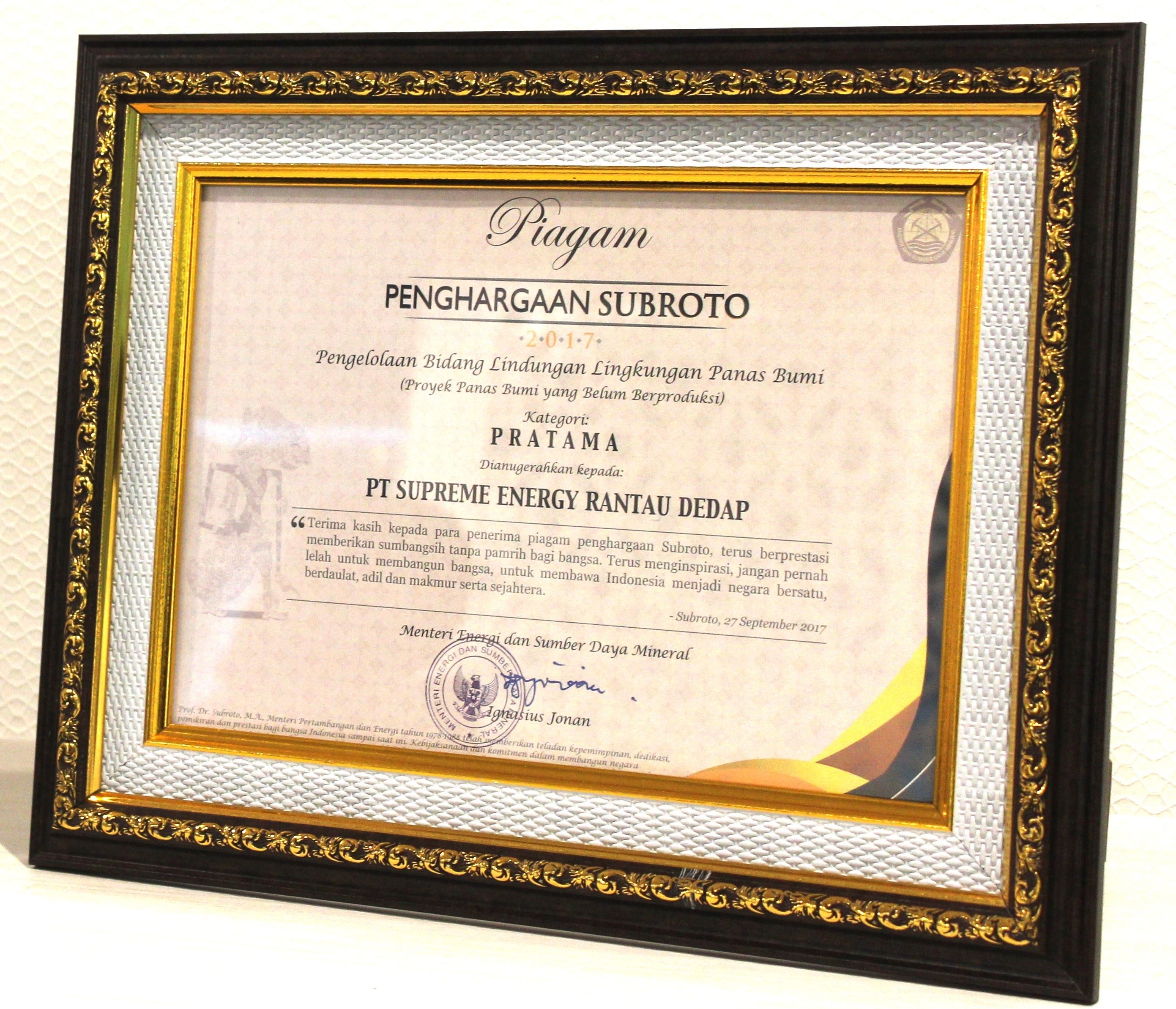 SUBROTO AWARD - PERINGKAT PRATAMA PENGELOLAAN BIDANG LINGKUNGAN PANAS BUMI WKP BELUM BERPRODUKSI - SUPREME ENERGY RANTAU DEDAP - 2017