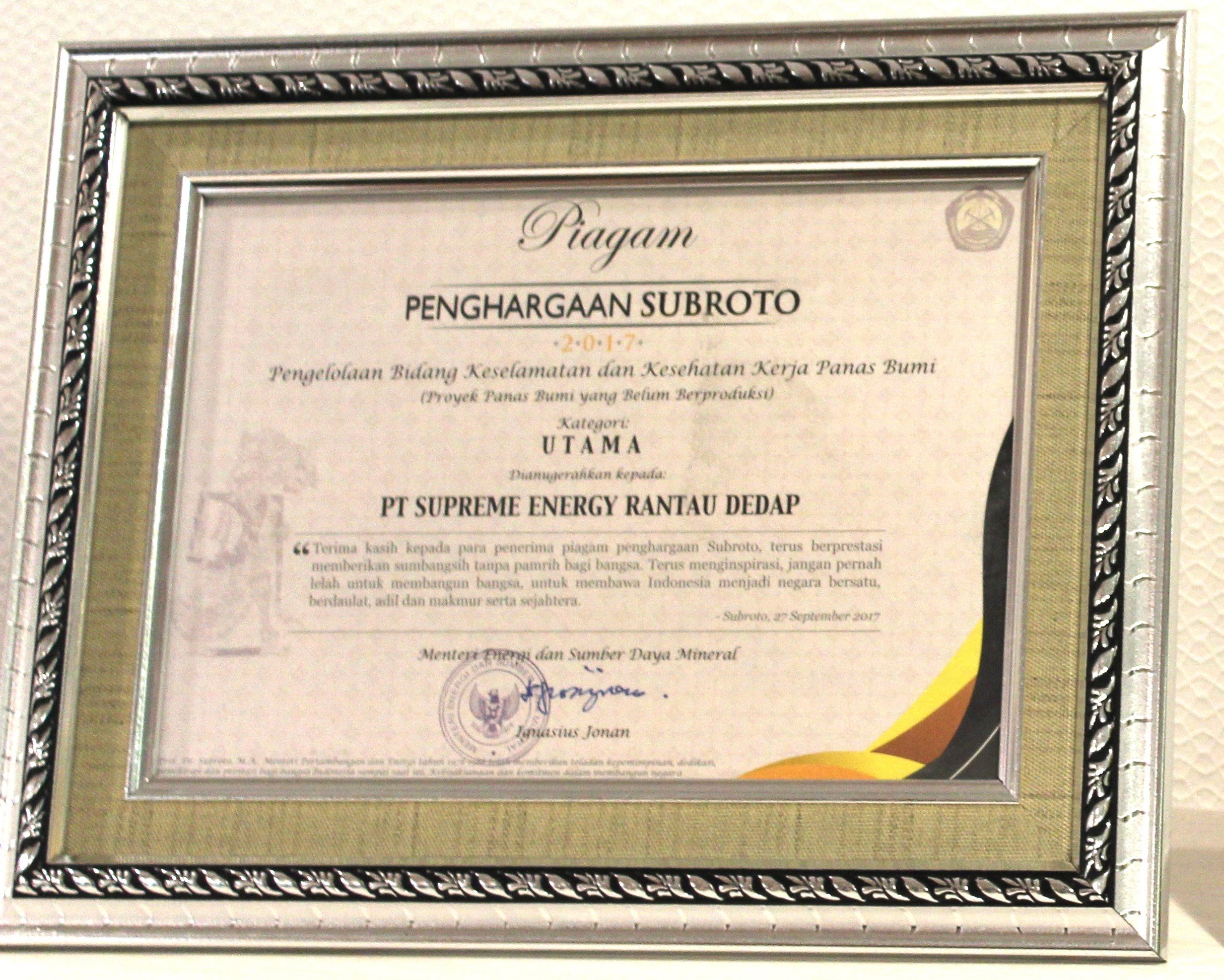 SUBROTO AWARD - PERINGKAT UTAMA K3 WKP BELUM BERPRODUKSI - SUPREME ENERGY RANTAU DEDAP - 2017
