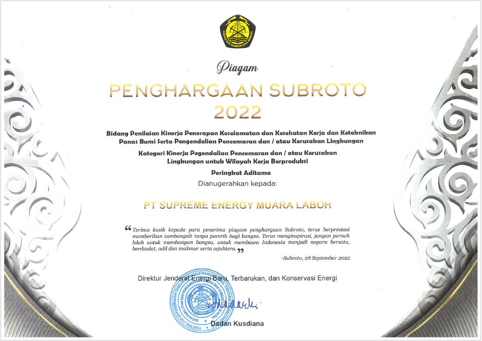 SUBROTO AWARD- PERINGKAT ADITAMA PENGENDALIAN PENCEMARAN ATAU KERUSAKAN LINGKUNGAN - SUPREME ENERGY MUARA LABOH - 2022