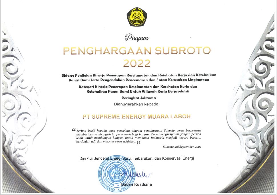 SUBROTO AWARD - PERINGKAT ADITAMA K3 - SUPREME ENERGY MUARA LABOH - 2022