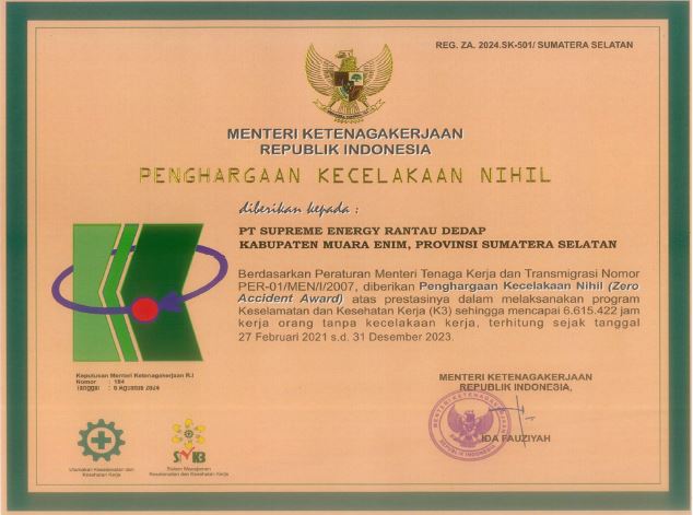 PENGHARGAAN KEMNAKER - KECELAKAAN NIHIL K3 - SUPREME ENRGY RANTAU DEDAP - 2024