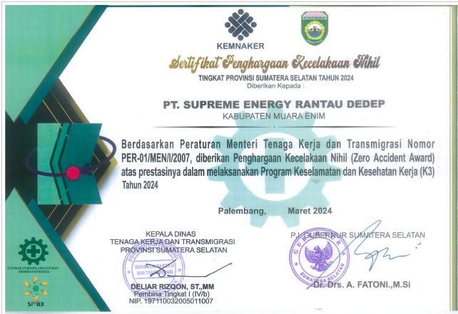 PENGHARGAAN KEMNAKER SUMATERA SELATAN - ZERO ACCIDENT AWARD K3 - SUPREME ENERGY RANTAU DEDAP - 2024