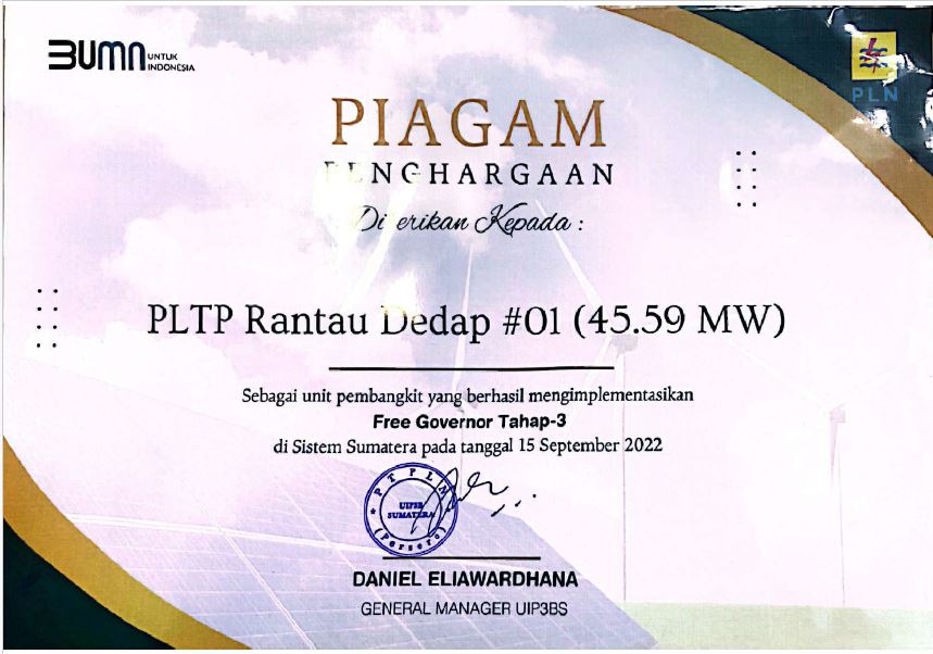 PLN Award - FREE GOVERNOR UNIT 1 (45.59 MW) - PLTP SUPREME ENERGY RANTAU DEDAP - 2022
