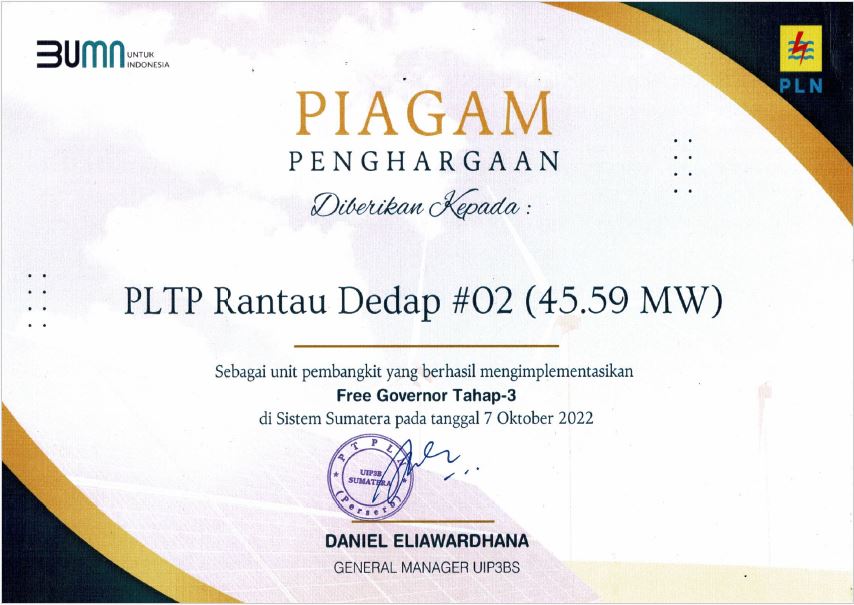 PLN AWARD - FREE GOVERNOR UNIT 2 (45.9 MW) - SUPREME ENERGY RANTAU DEDAP - 2022