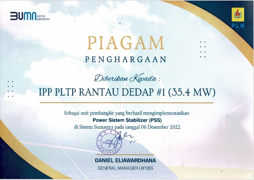 PLN AWARD - IPP PLTP - POWER SYSTEM STABILIZER (35.4 MW) - SUPREME ENERGY RANTAU DEDAP - 2022