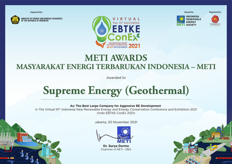 METI AWARD - BEST LARGE COMPANY FOR RENEWABLE ENERGY DEVELOPMENT - SUPREME ENERGY - 2021