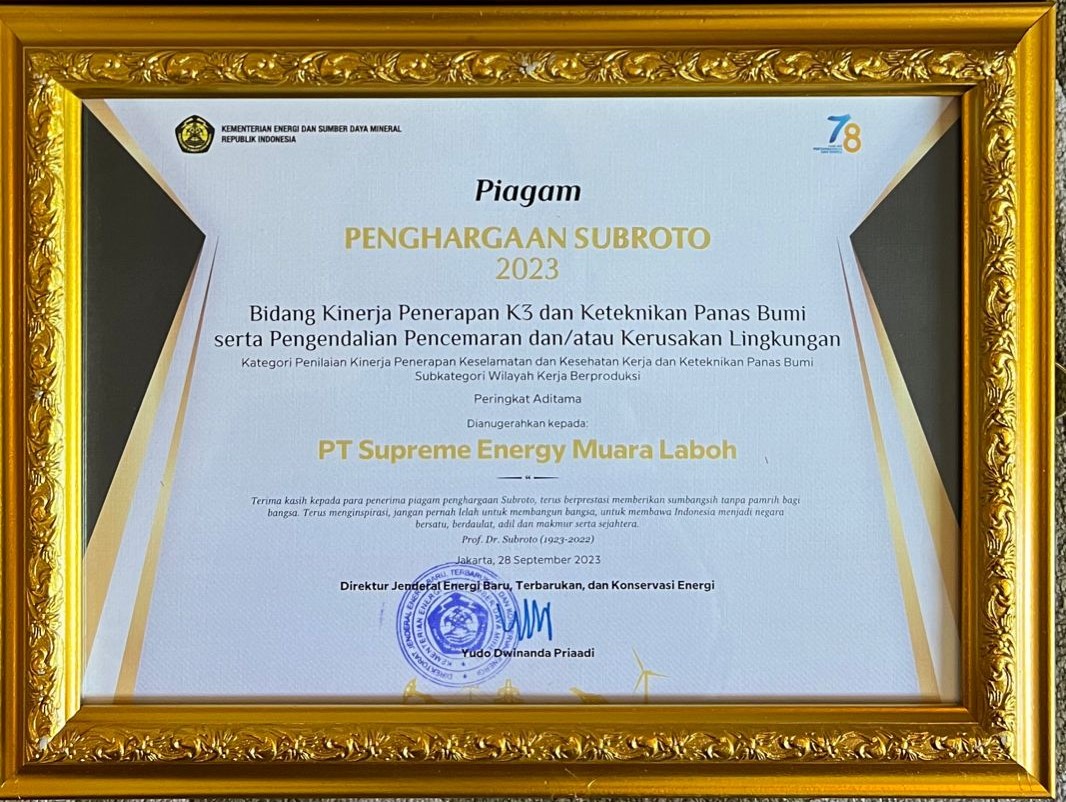 SUBROTO AWARD - PERINGKAT ADITAMA PENERAPAN K3 - SUPREME ENERGY MUARA LABOH - 2023
