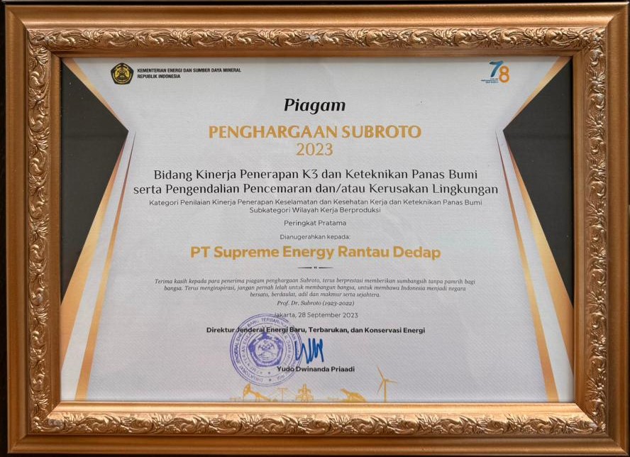 SUBROTO AWARD - PERINGKAT PRATAMA PENERAPAN K3 - SUPREME ENERGY RANTAU DEDAP - 2023