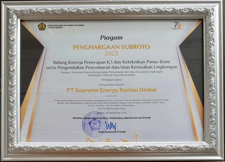 SUBROTO AWARD - PERINGKAT UTAMA PENGEDENDALIAN PENCEMARAN ATAU KERUSAKAN LINGKUNGAN - SUPREME ENERGY RANTAU DEDAP - 2023
