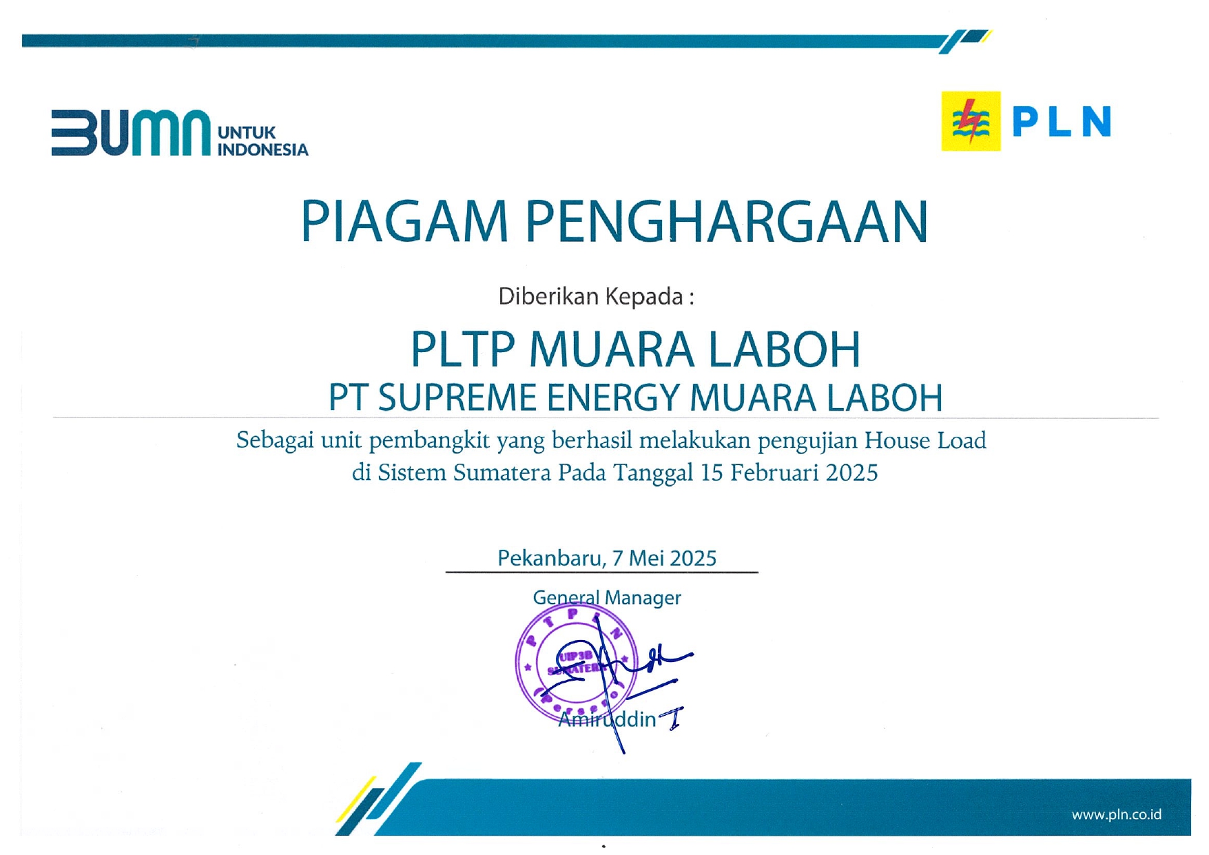 PLN AWARD SUMATERA - HOUSE LOAD 2025 - SUPREME ENERGY MUARA LABOH
