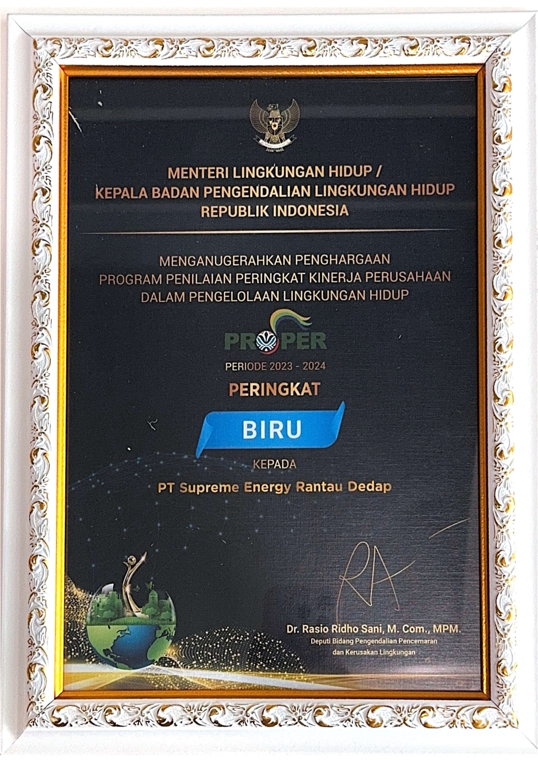 ANUGERAH LINGKUNGAN - KLHK - PROPER PERINGKAT BIRU - SUPREME ENERGY RANTAU DEDAP - 2024
