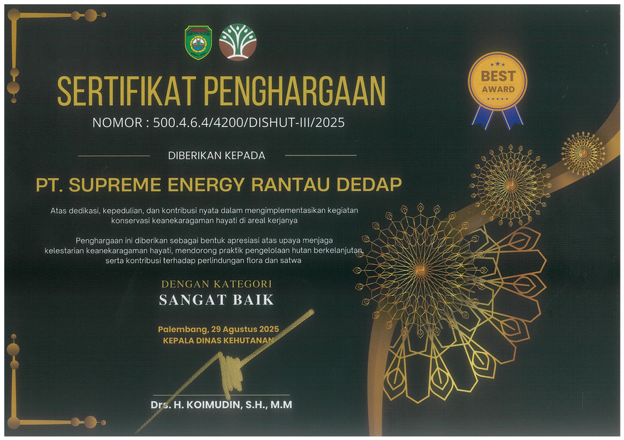 PENGHARGAAN PROGRAM KONSERVASI KEANEKARAGAMAN HAYATI - PT SUPREME ENERGY RANTAU DEDAP