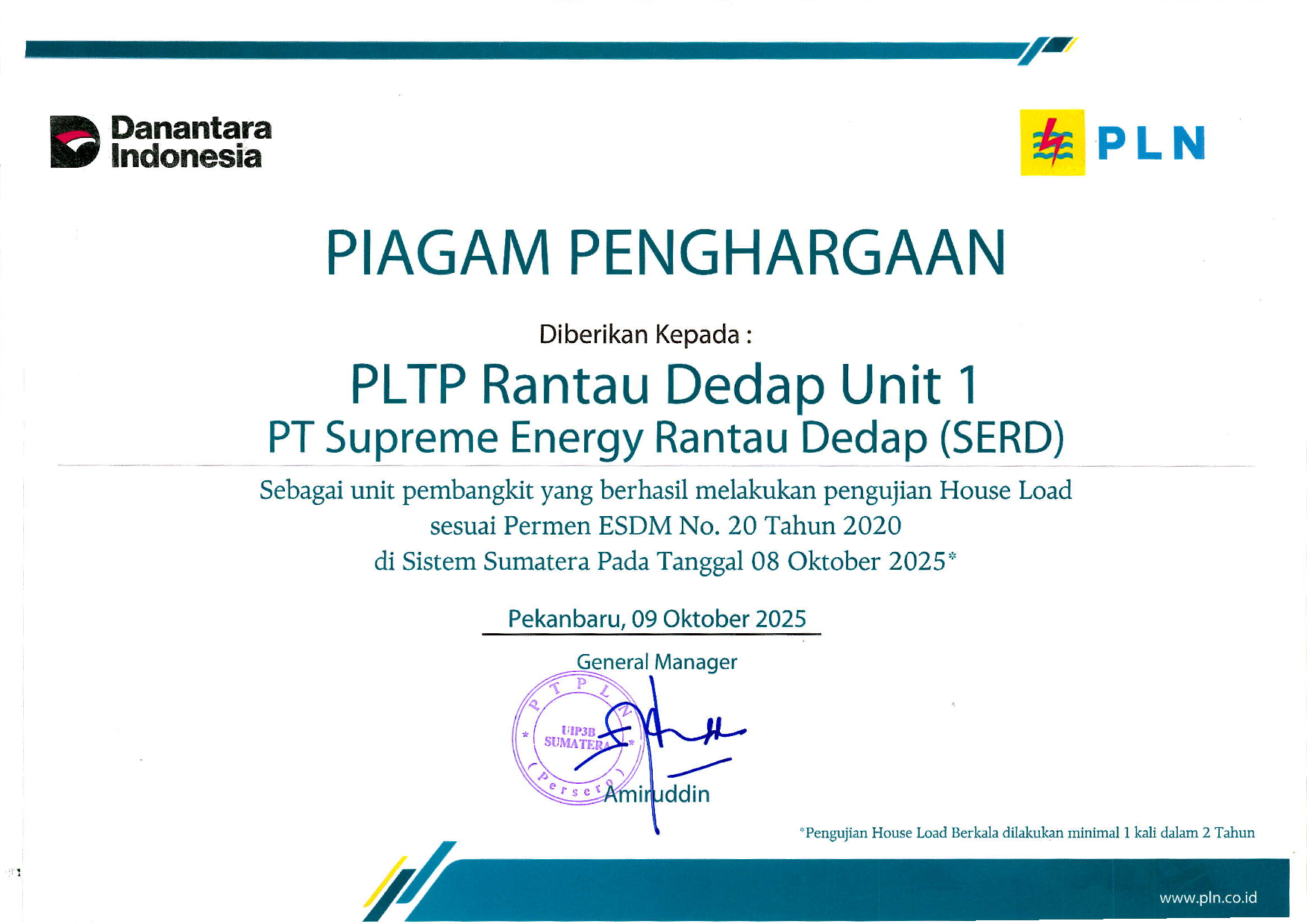 PENGHARGAAN UJI HOUSE LOAD - PT PLN (PERSERO) - PT SUPREME ENERGY RANTAU DEDAP UNIT 1 - 2025